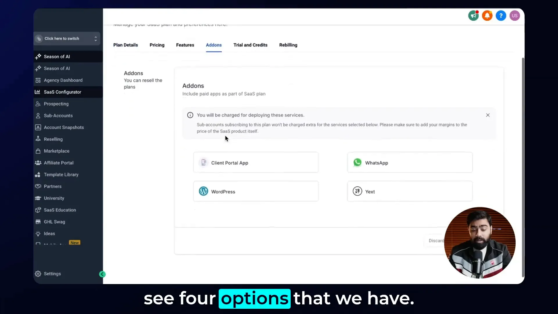 Selecting add-ons in the SaaS configurator
