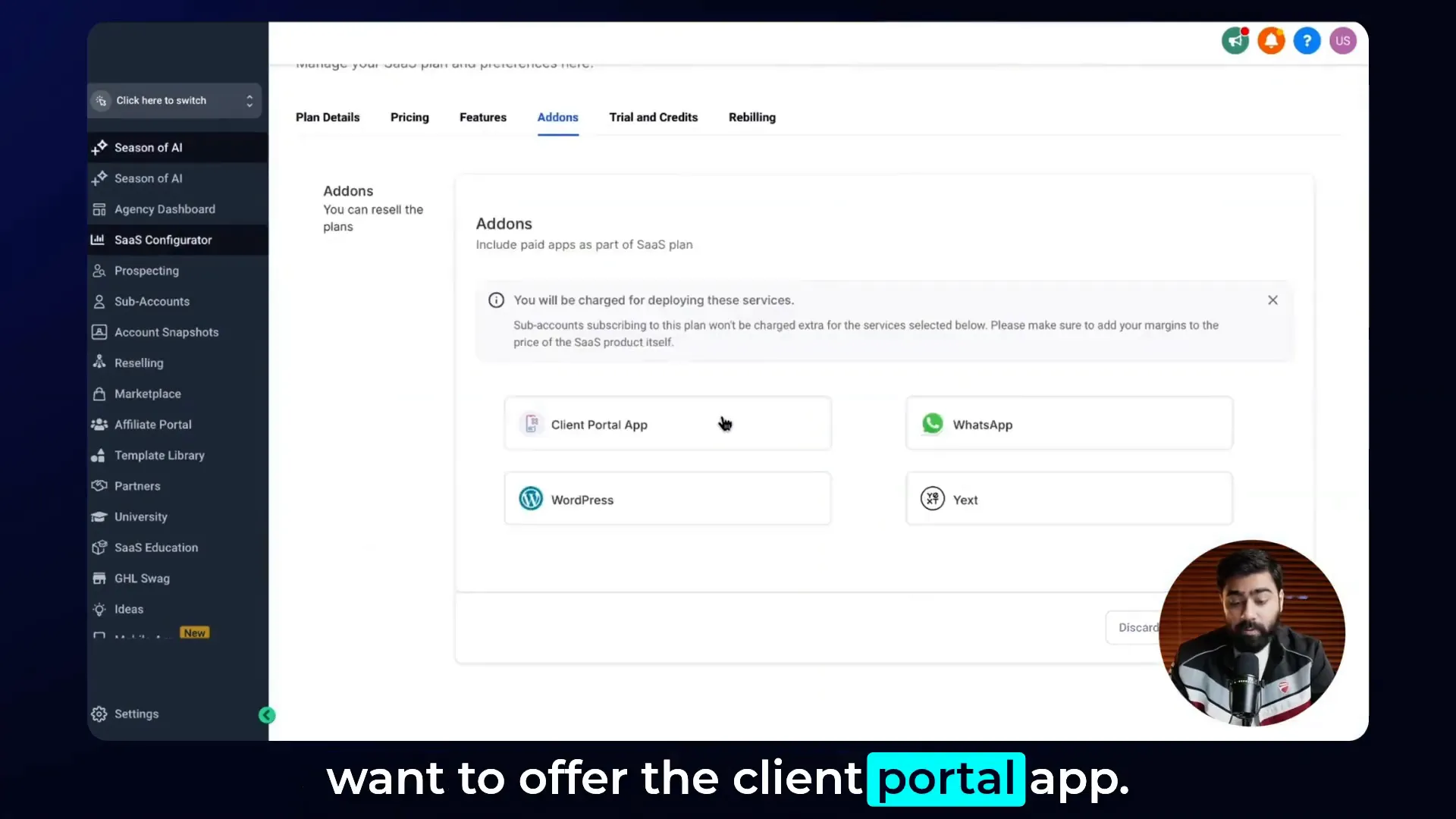 Selecting Yext, WhatsApp, and WordPress add-ons