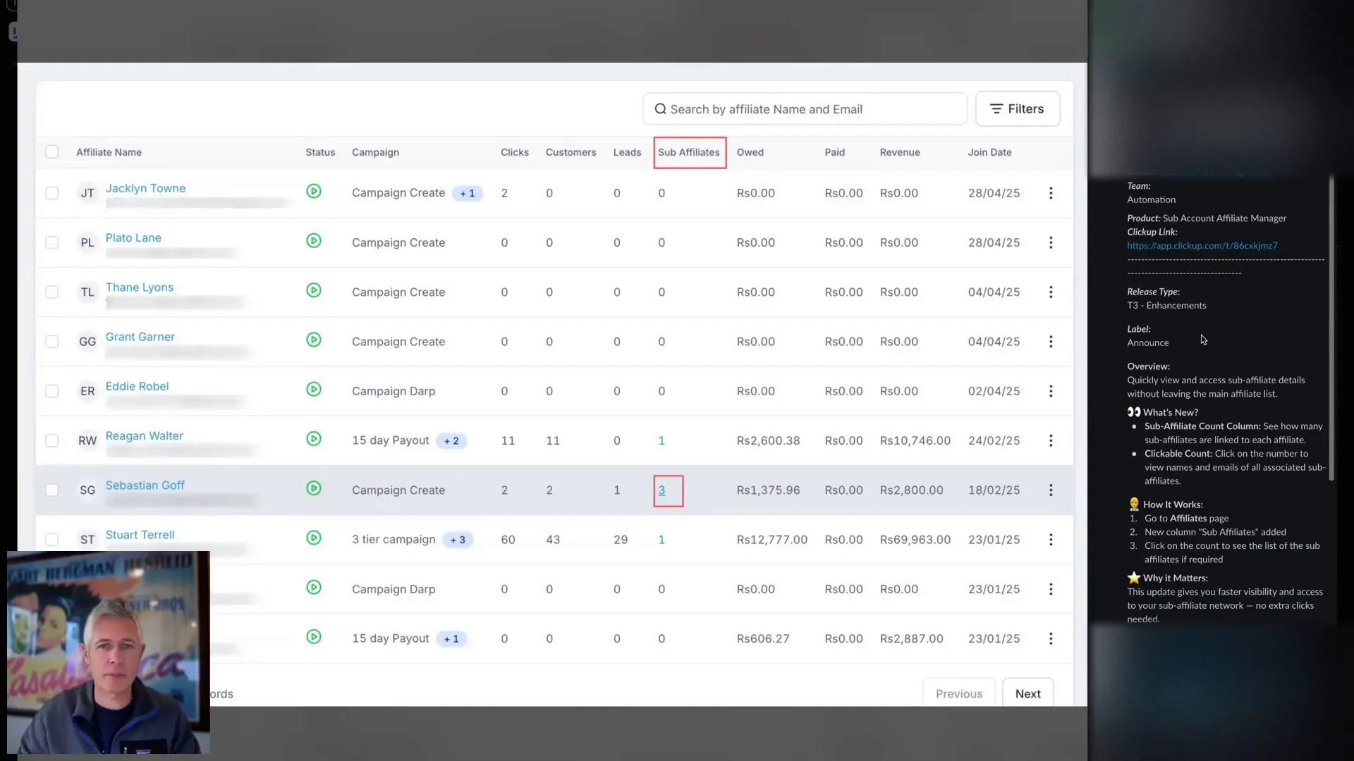 Affiliate list showing sub affiliate counts with clickable links