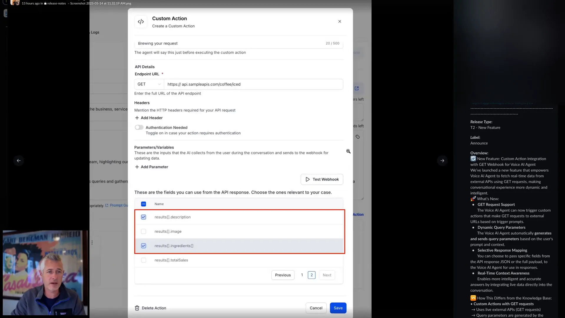 Voice AI custom action integration detailed setup information
