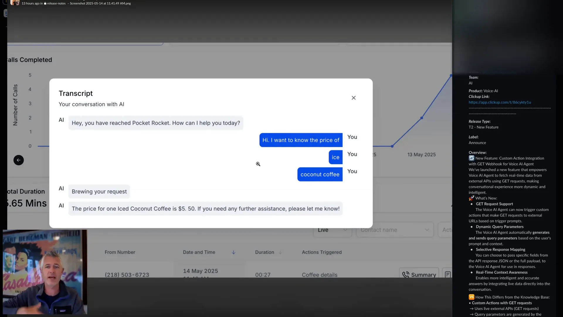 Example of voice AI conversation dynamically fetching product pricing
