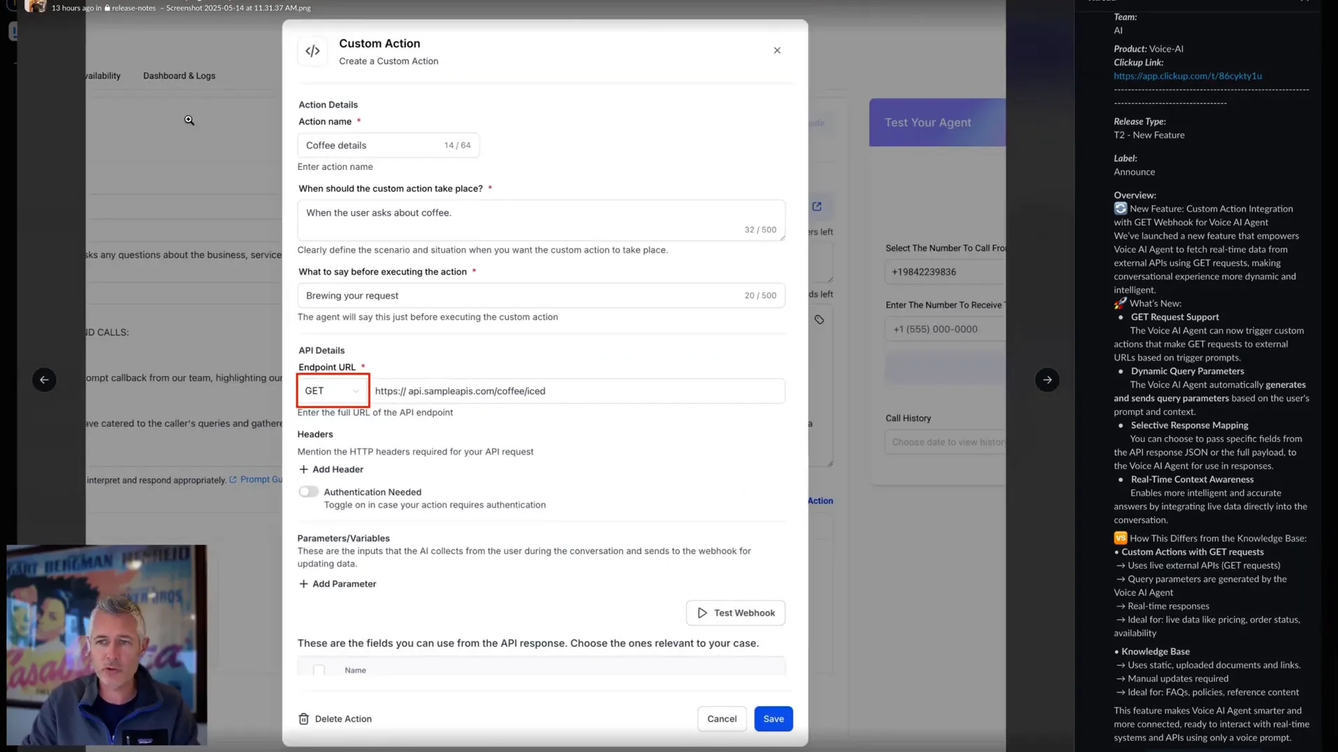Voice AI agent triggering a GET request with dynamic query parameters
