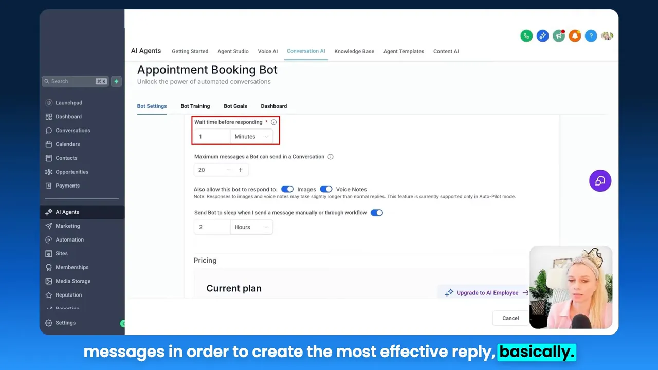GFunnel AI Agents 'Appointment Booking Bot' settings screen with 'allow bot to respond to images' toggle visible and presenter inset.