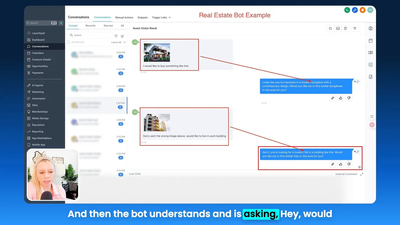 Chat window with highlighted bot question on the right, showing how an AI assistant clarifies customer intent; presenter video visible in the corner.