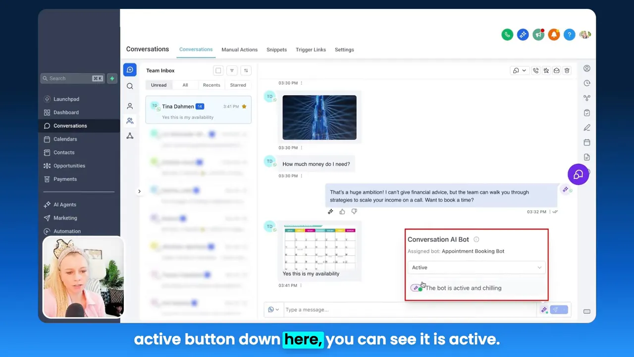 GFunnel conversation inbox with Conversation AI Bot appointment-booking settings dialog shown active