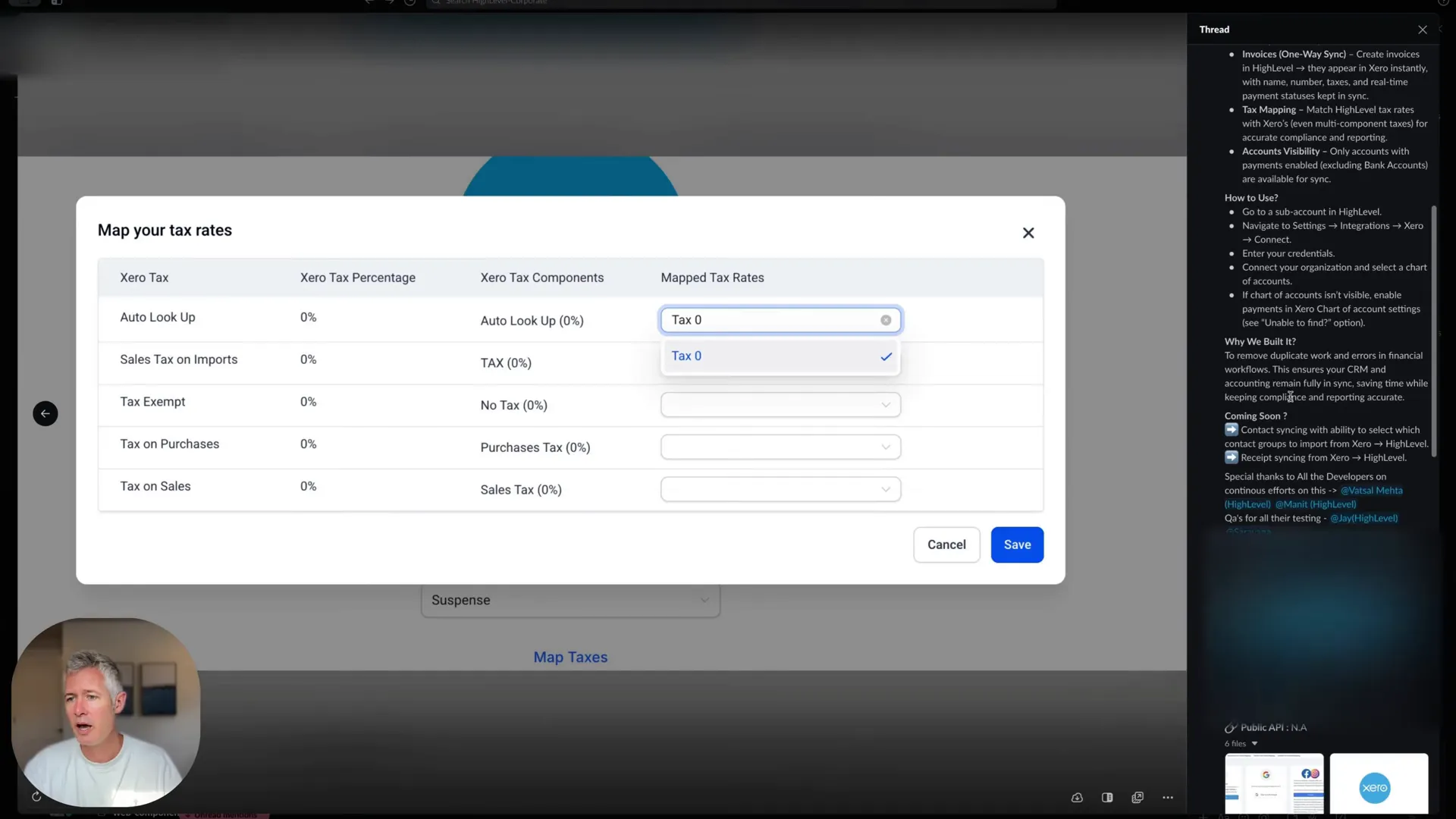 Sync settings showing tax mapping and contact sync options
