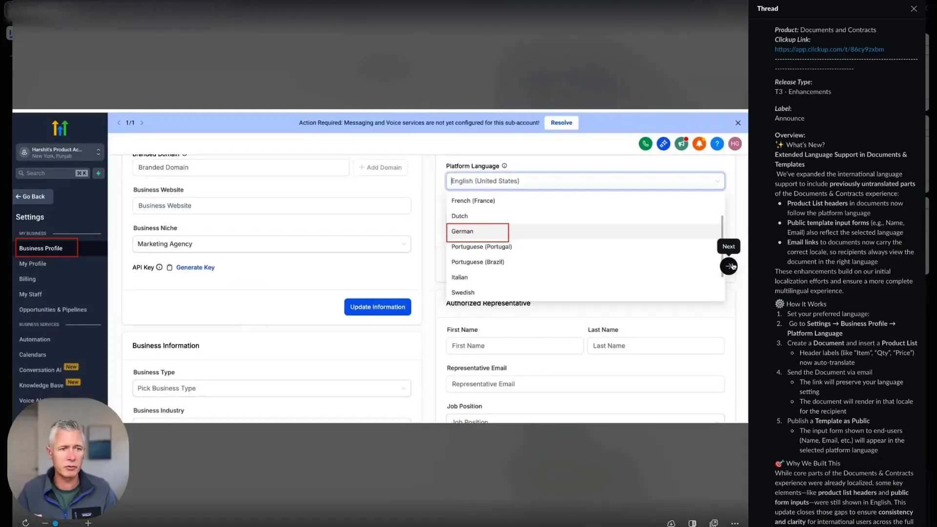 Setting platform language in business profile on GFunnel