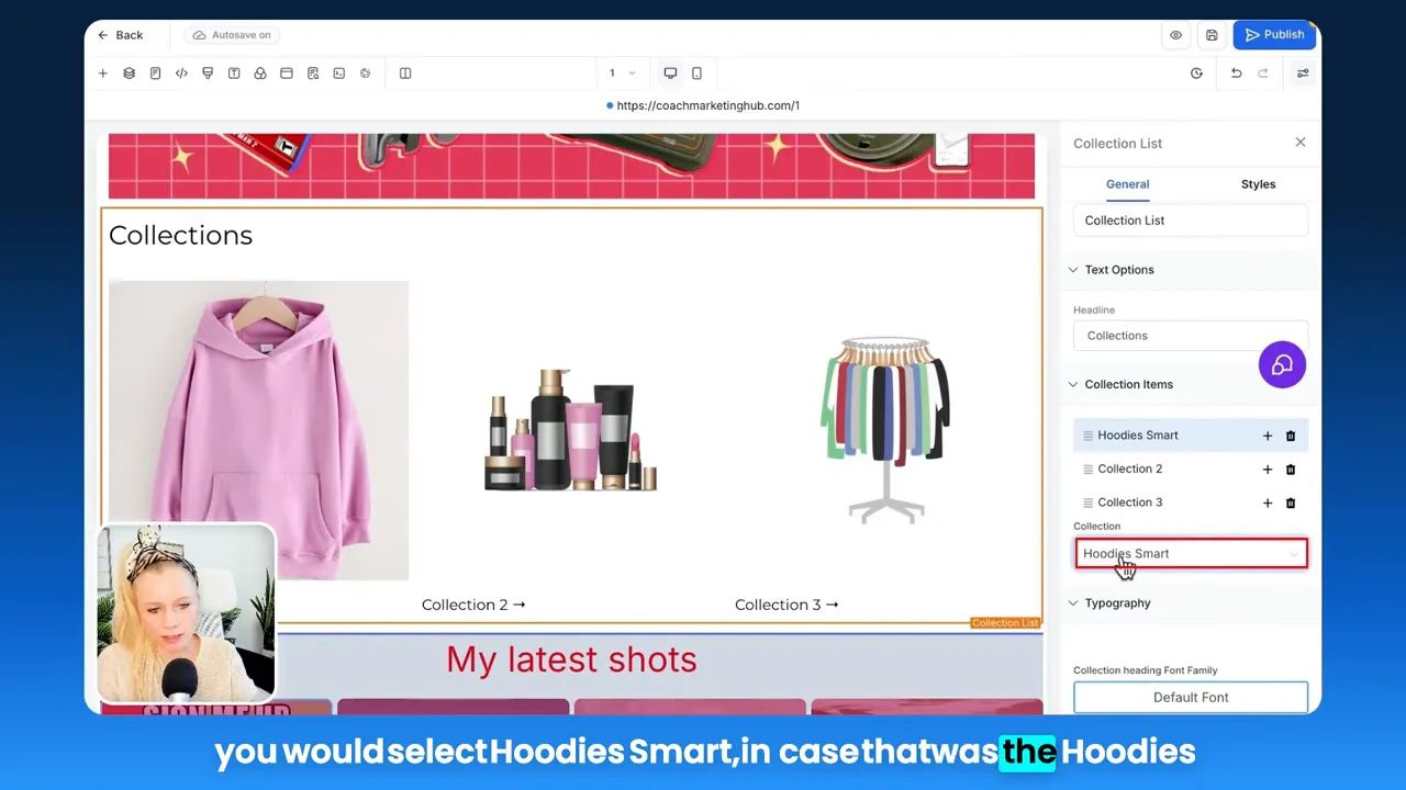 GFunnel editor with 'Hoodies Smart' selected in the Collection dropdown and a hoodie preview appearing in the page layout.