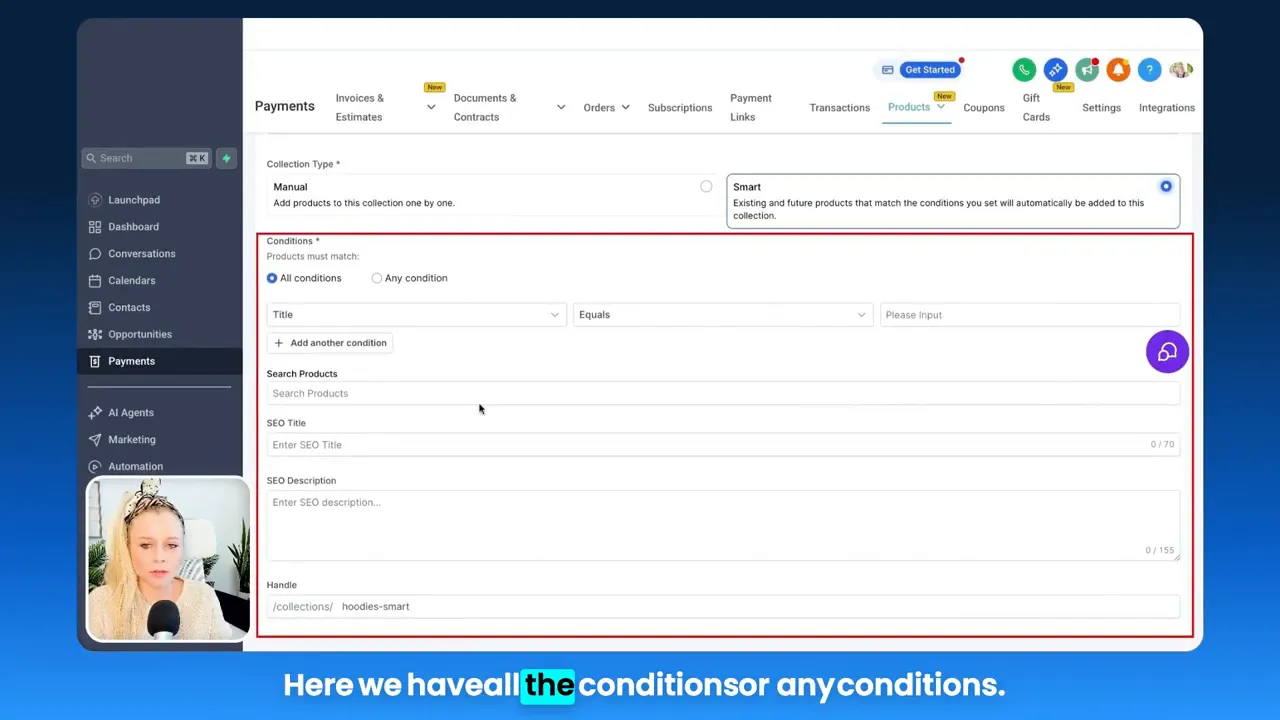 GFunnel collection conditions panel showing 'All conditions' vs 'Any condition' with the conditions area outlined