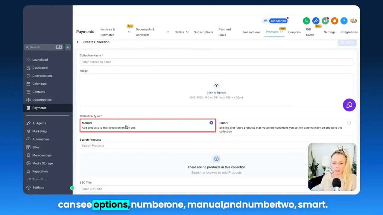 GFunnel Create Collection screen showing the Collection Type area with Manual and Smart options highlighted.
