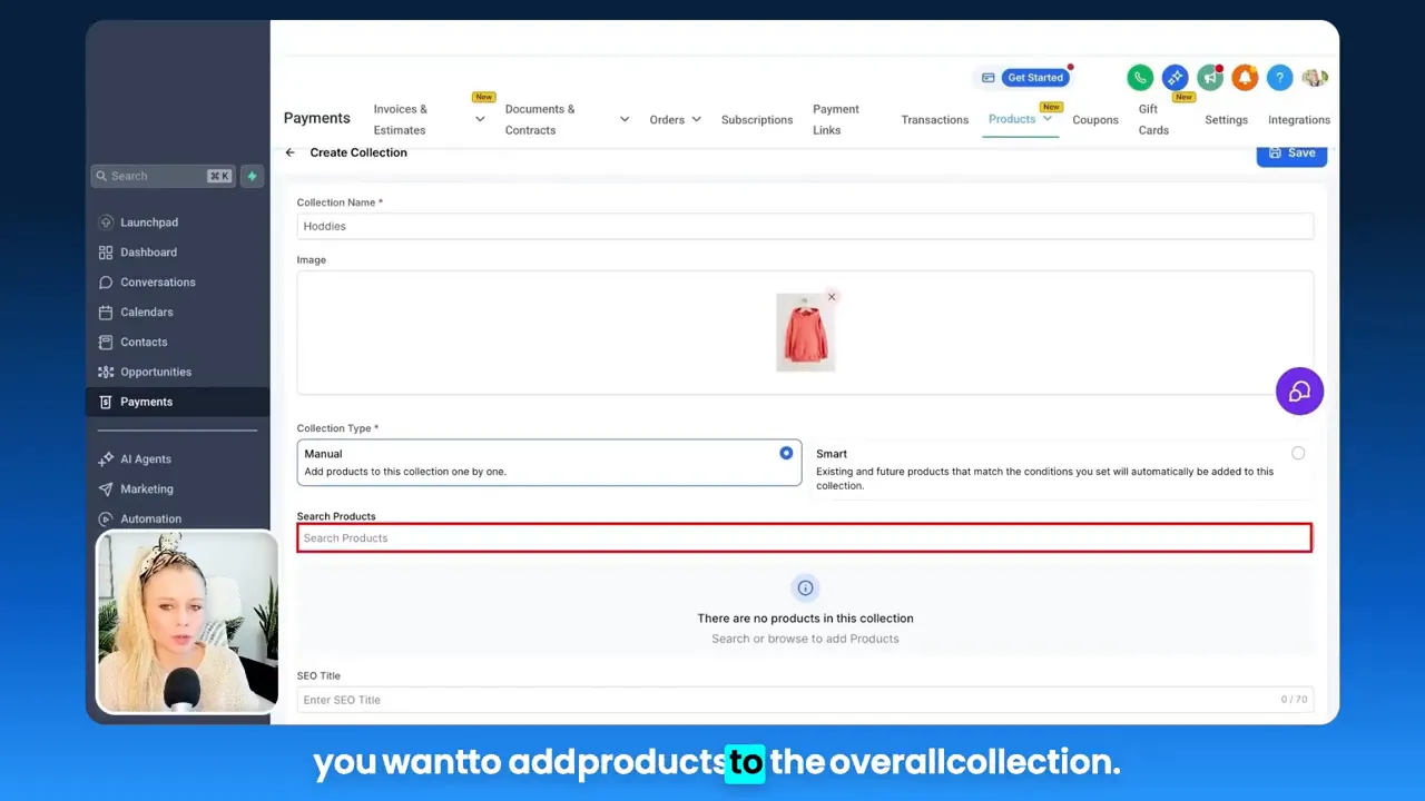 GFunnel collection settings with 'Collection Type' set to Manual and an empty Search Products area