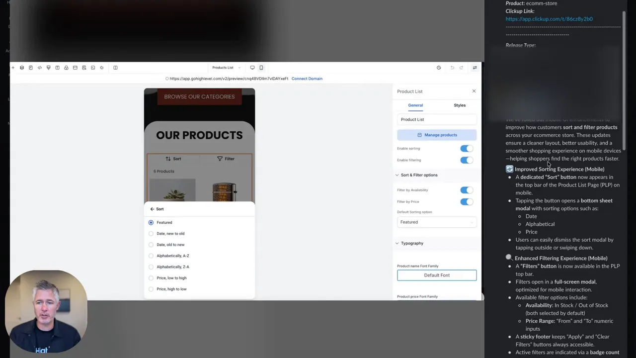 Cropped screenshot showing a mobile product list with a sort bottom-sheet open (Featured, Date, Alphabetical) and product list settings.