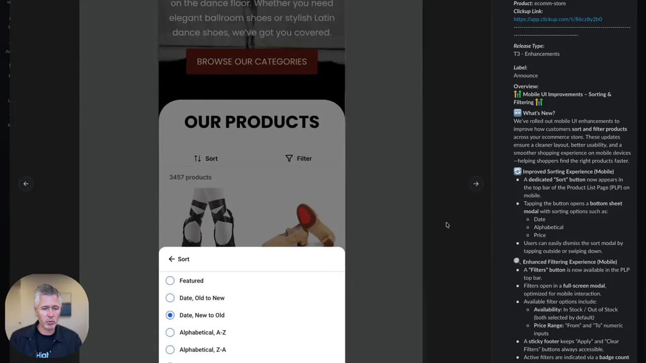 Mobile product list with a Sort modal open showing options like Featured, Date Old to New, Date New to Old (selected).