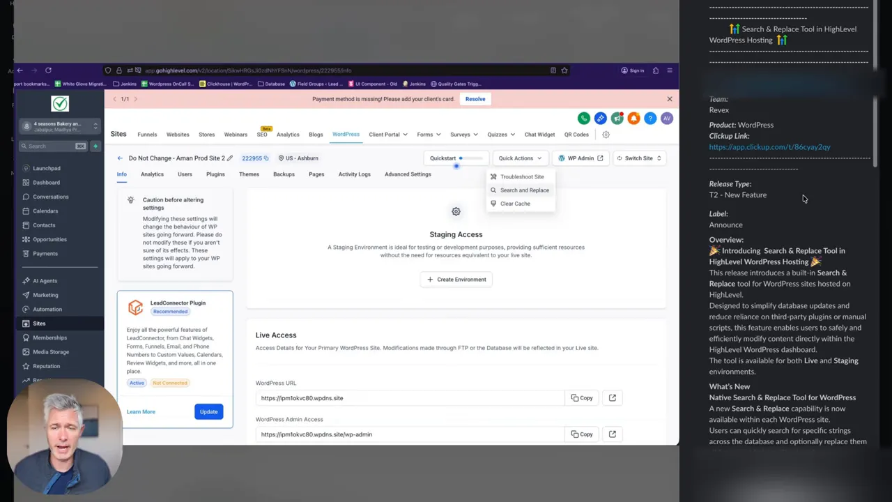 Staging access screen on a site management dashboard with a quick actions dropdown highlighting search and replace