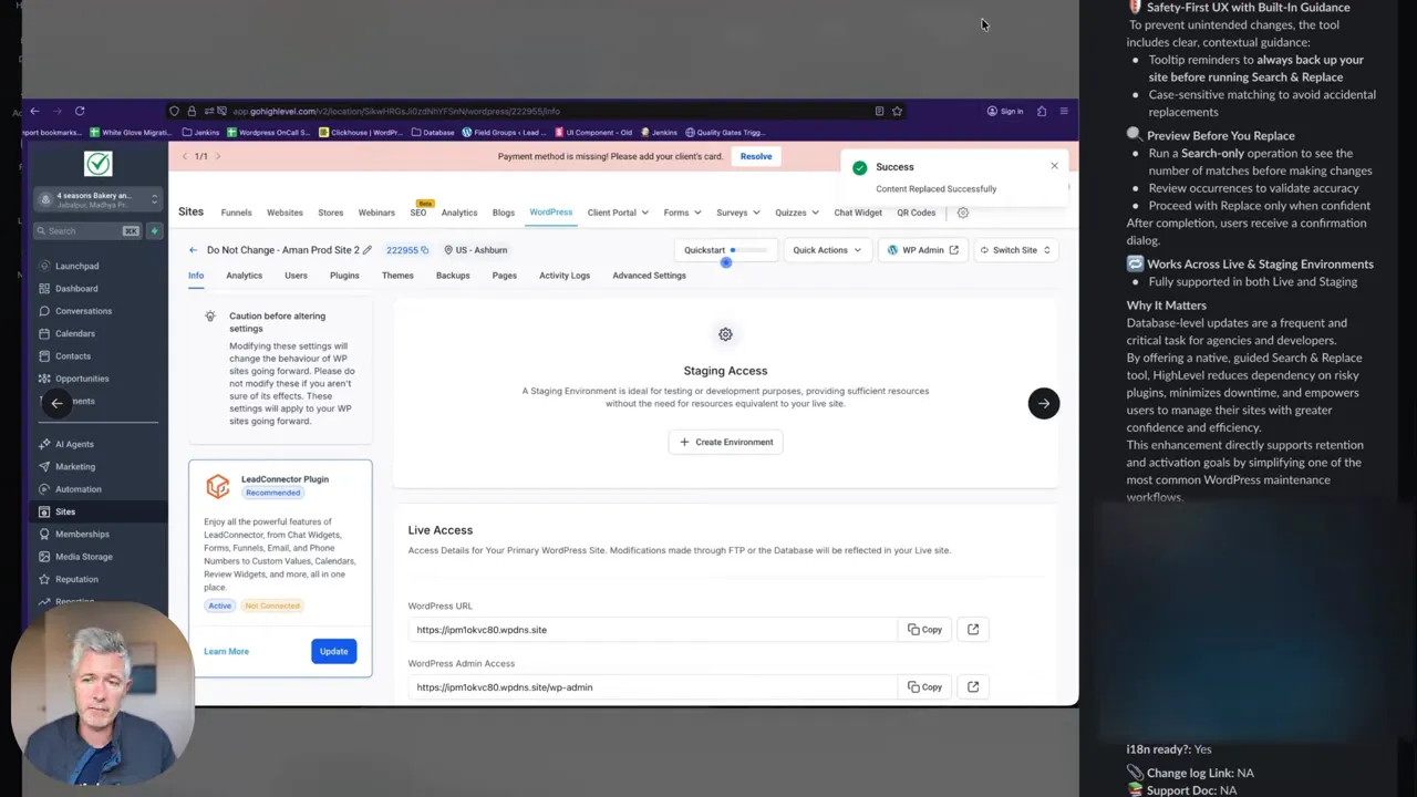 Clear staging access dashboard showing 'Staging Access' and 'Live Access' sections with minimal presenter overlay