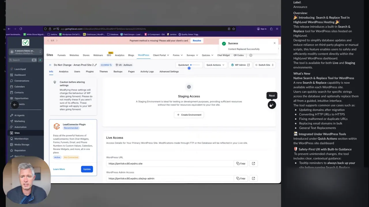 Clear GFunnel site dashboard showing 'Staging Access' card and 'Live Access' details with admin controls and a small presenter inset.