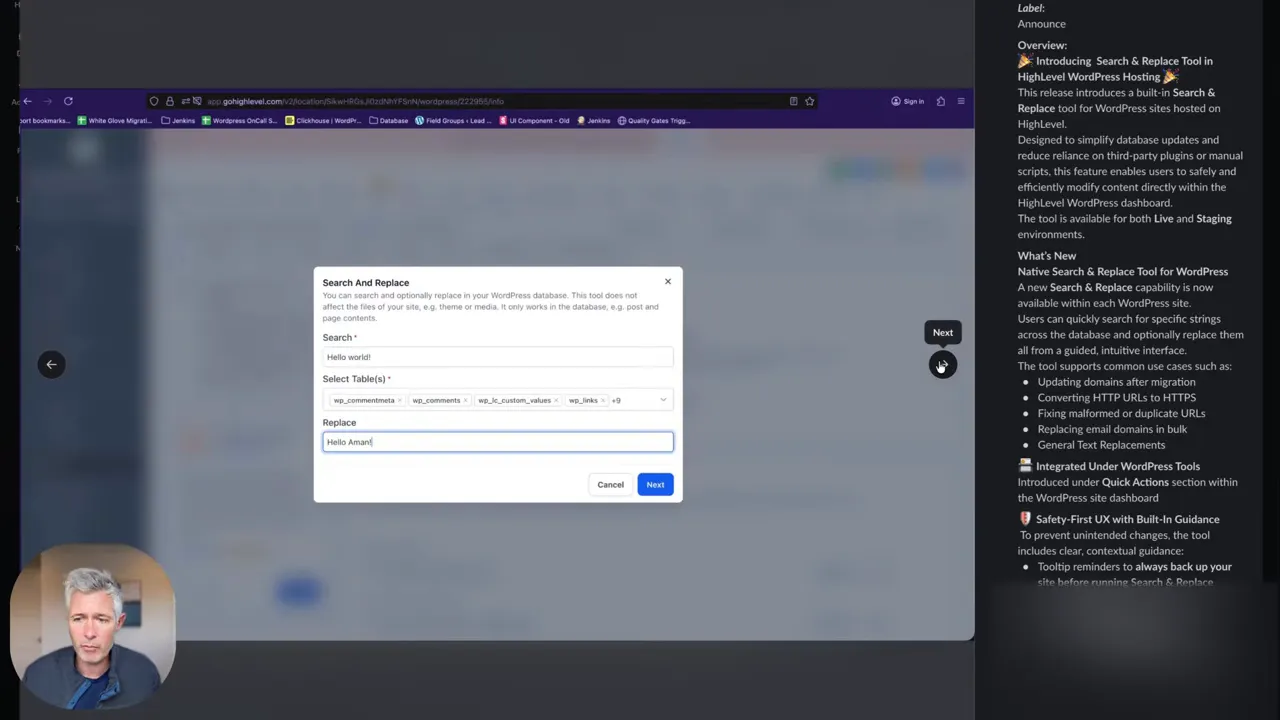 Clear dashboard screenshot of GFunnel's 'Search And Replace' modal with 'Hello world!' in Search and a replacement text filled; sidebar documentation visible.