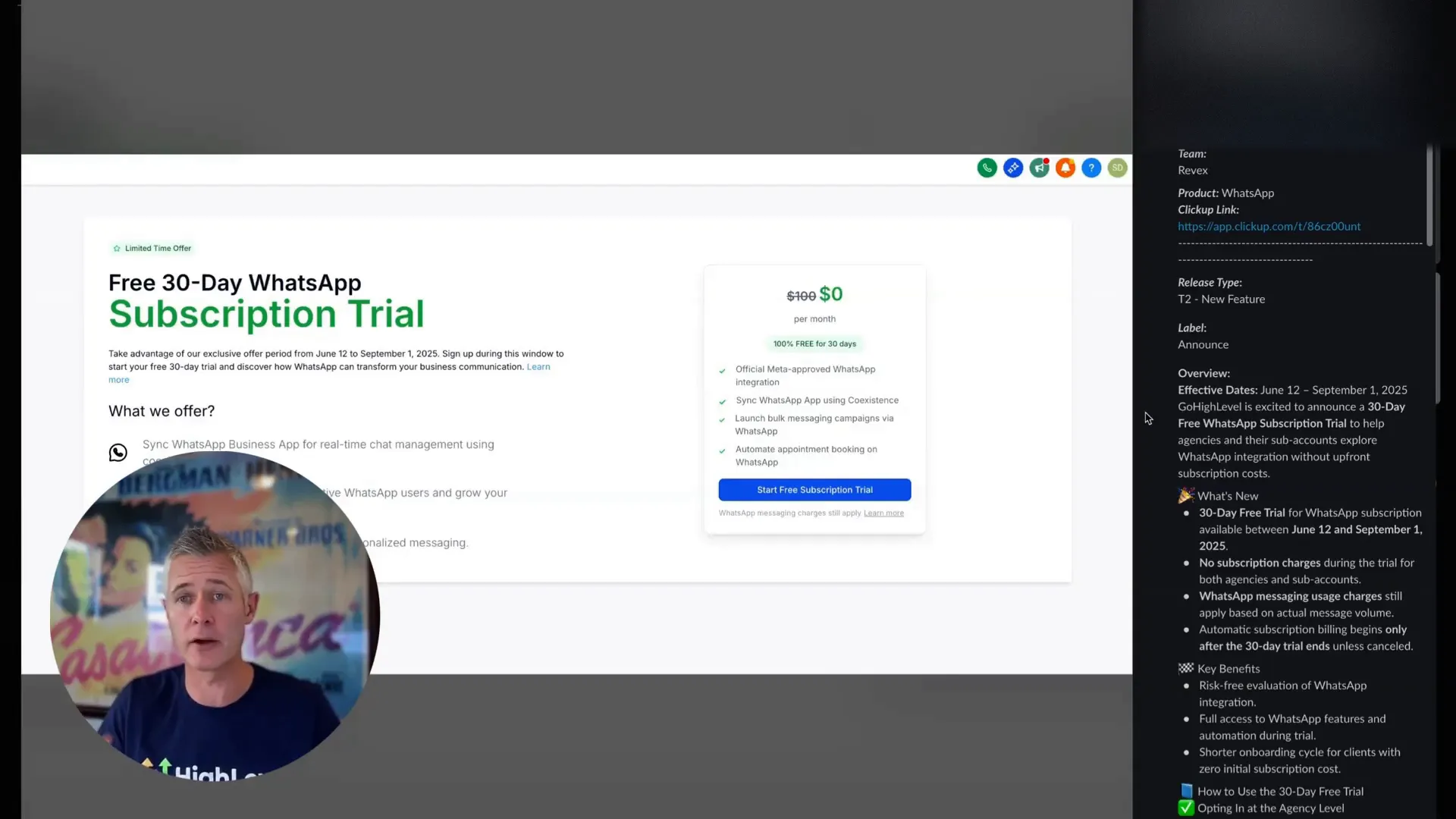 Announcement of GFunnel’s 30-day free trial for WhatsApp subscription