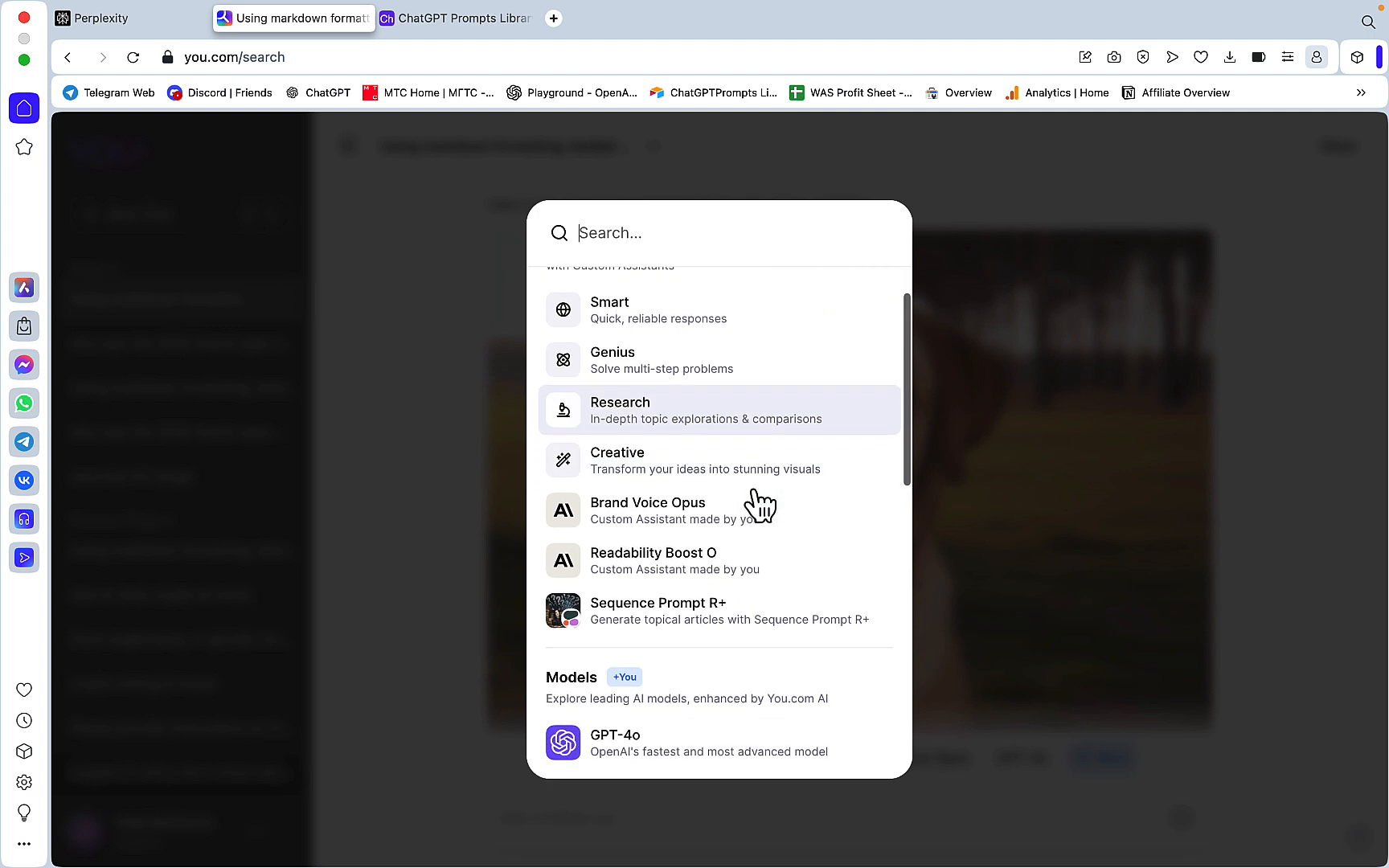 Screenshot of You.com's assistant creation interface