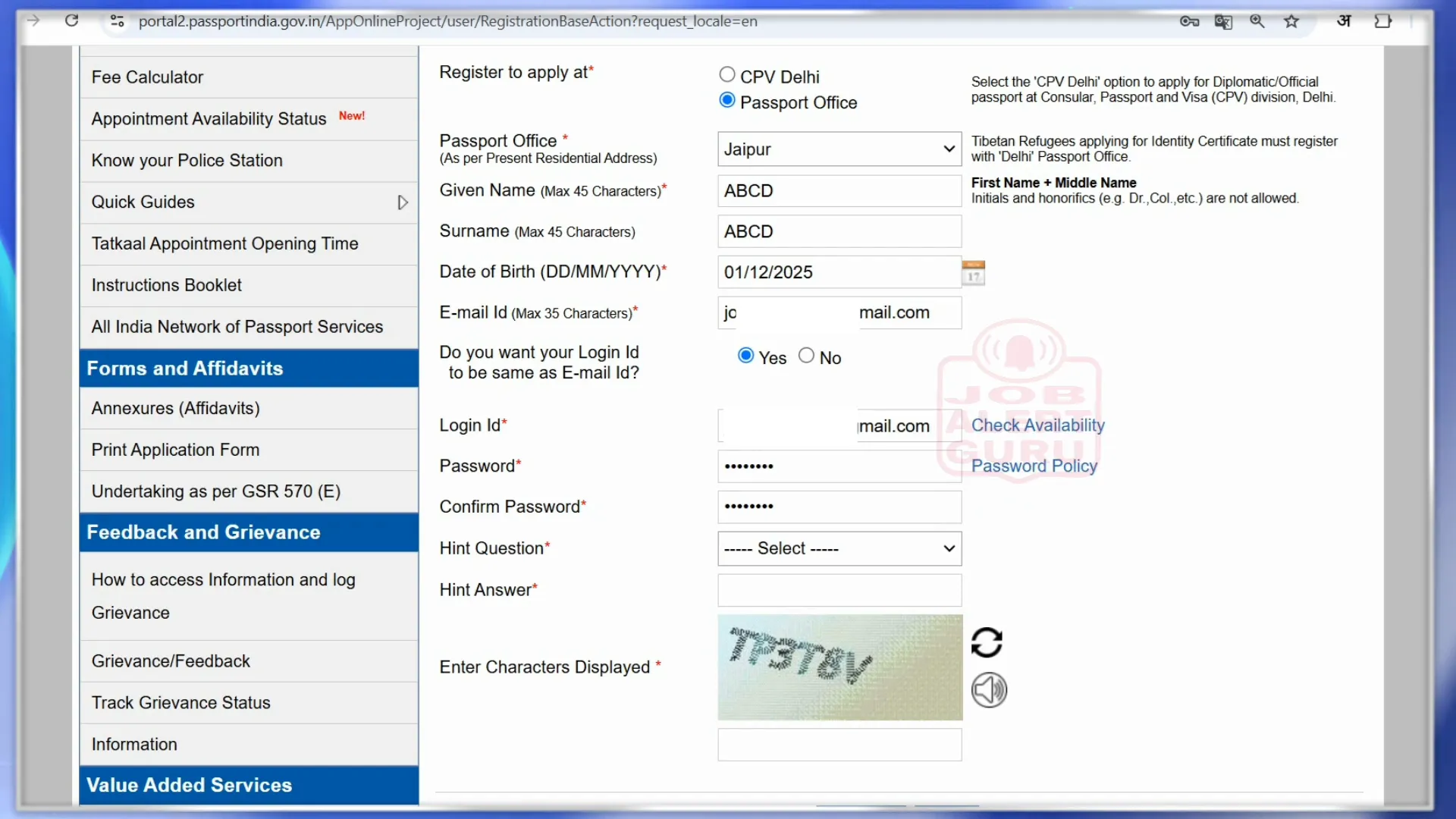 Filling the registration form