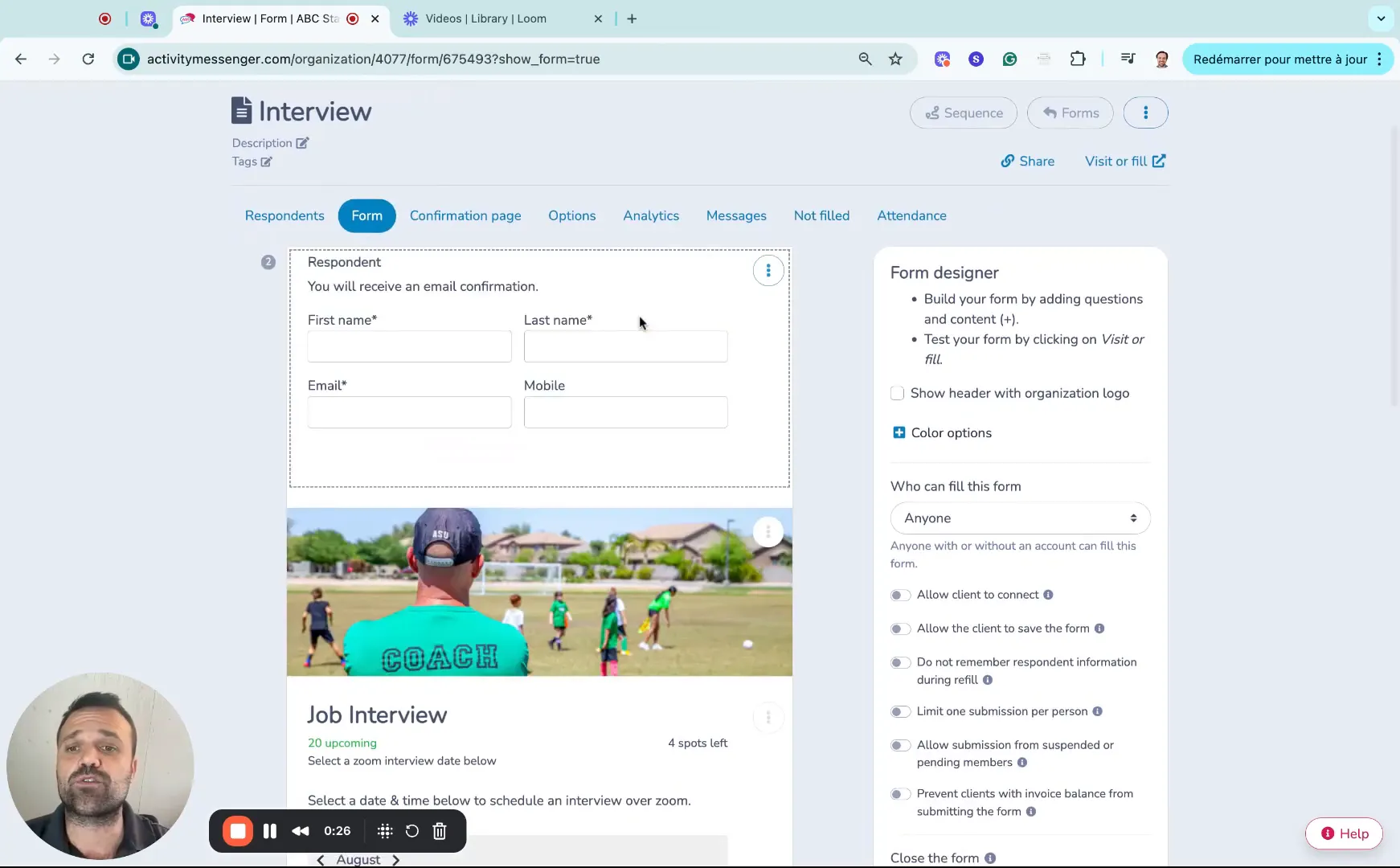 Drag and drop interface for creating booking form with image and name fields
