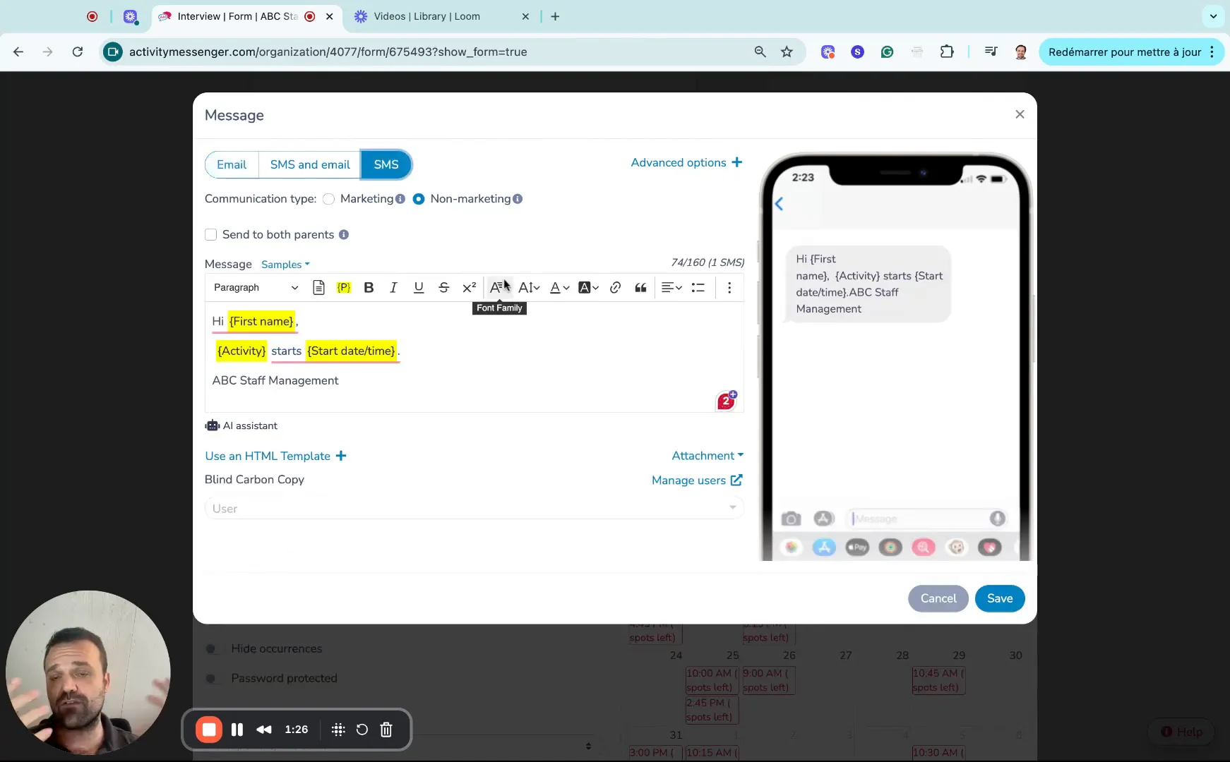 Configuring automated SMS reminder message for interview appointments