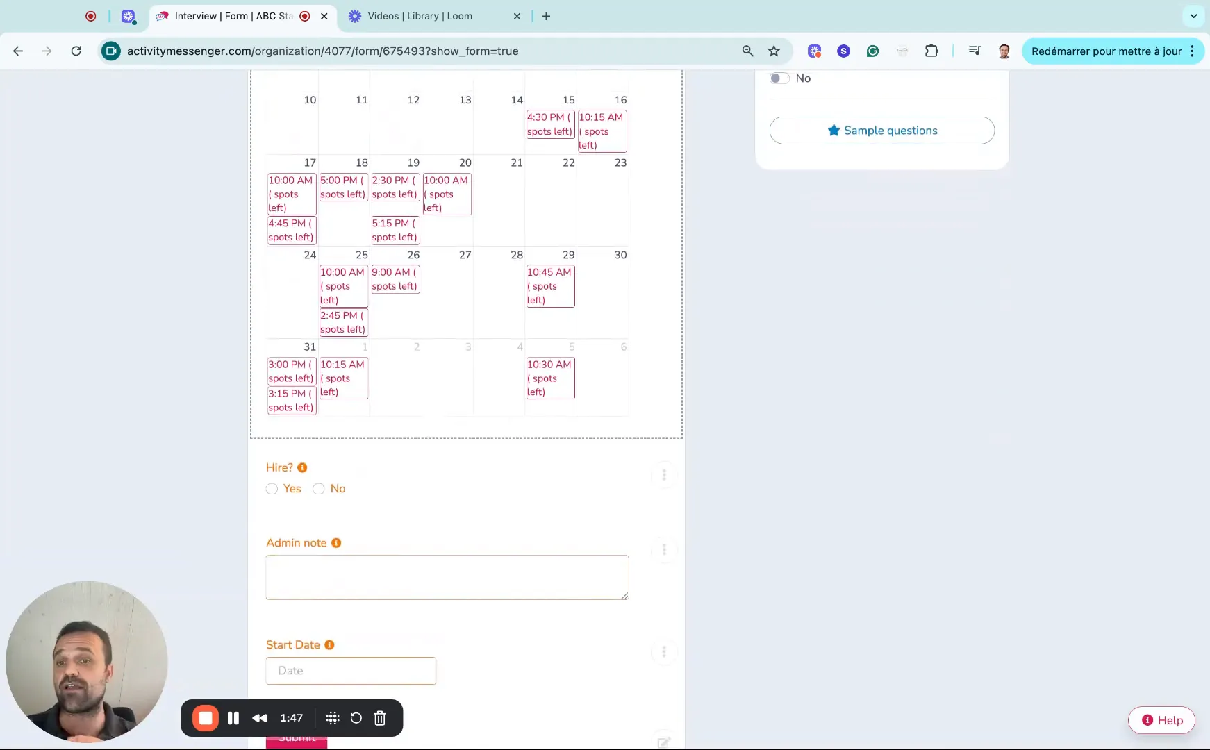 Admin interface with private notes on applicants and scheduled interview times