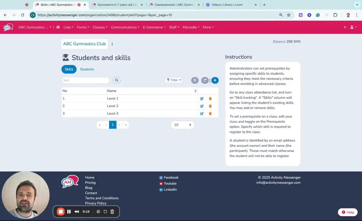 Demo account with three skill levels and plus button to add a new level