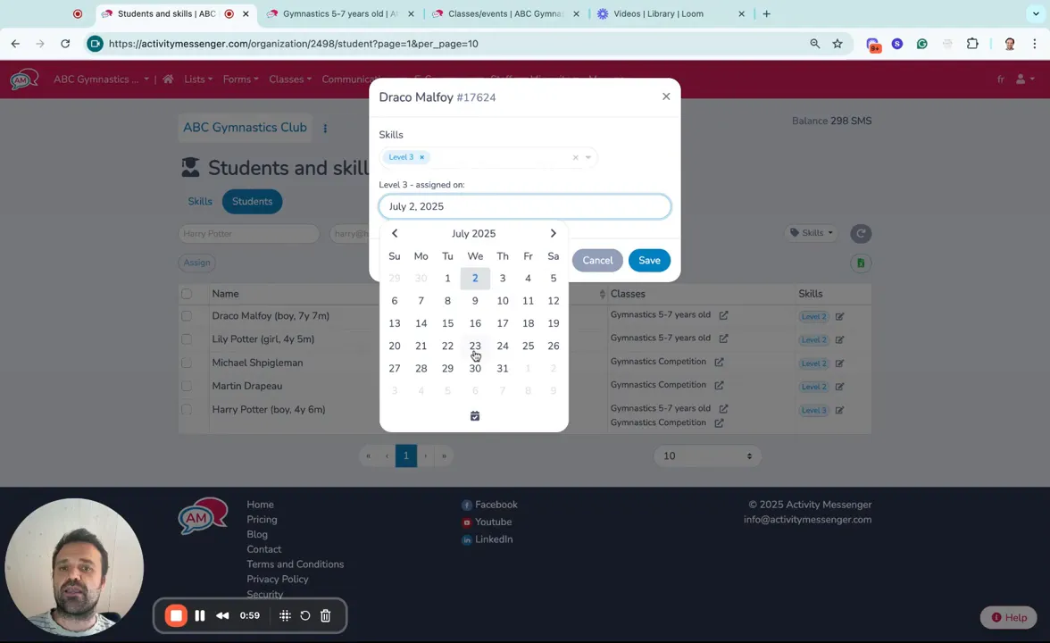 Student profile showing a skill being changed to level three with date options