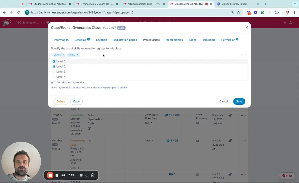 Class creation screen showing prerequisites where level one or two are required