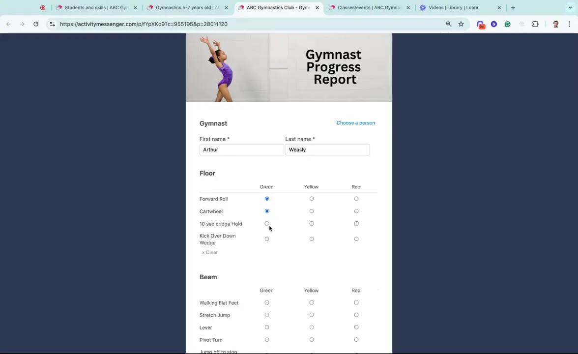 Progress report form opening so the coach can select levels for different skill sets