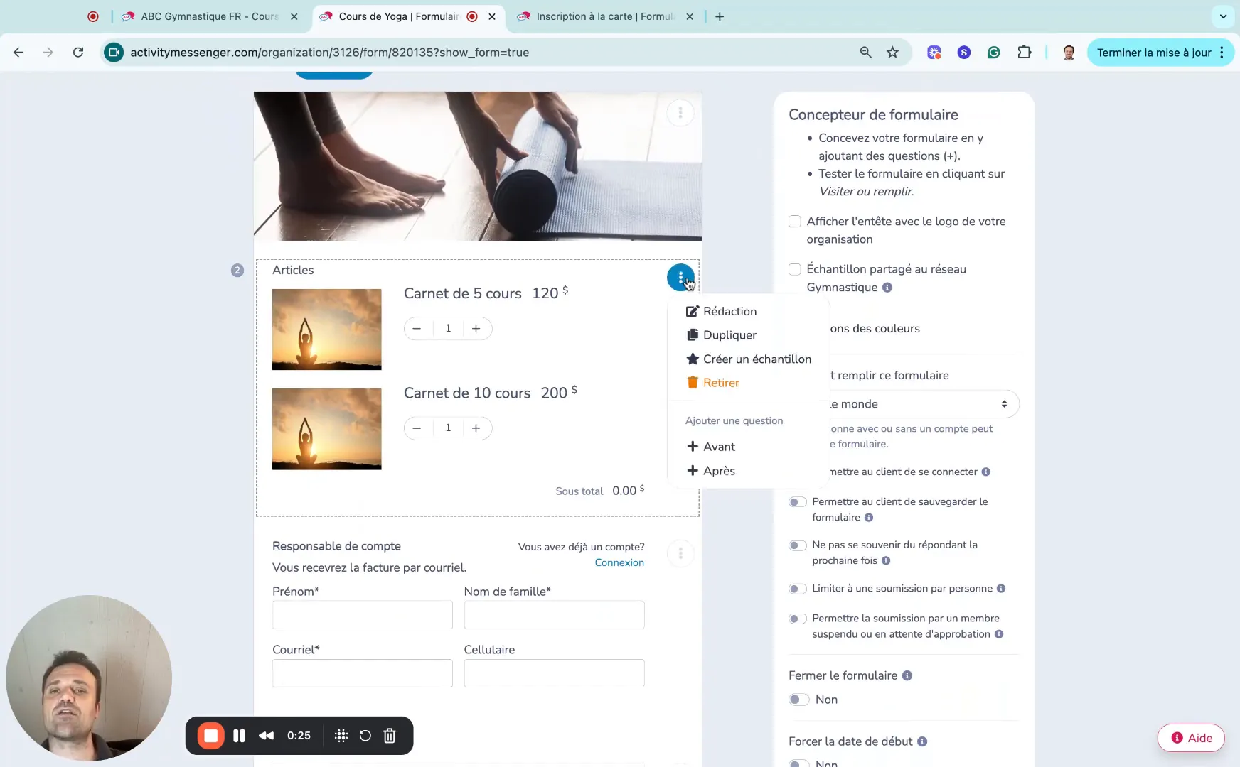 Ventes de carnet de cours prépayés