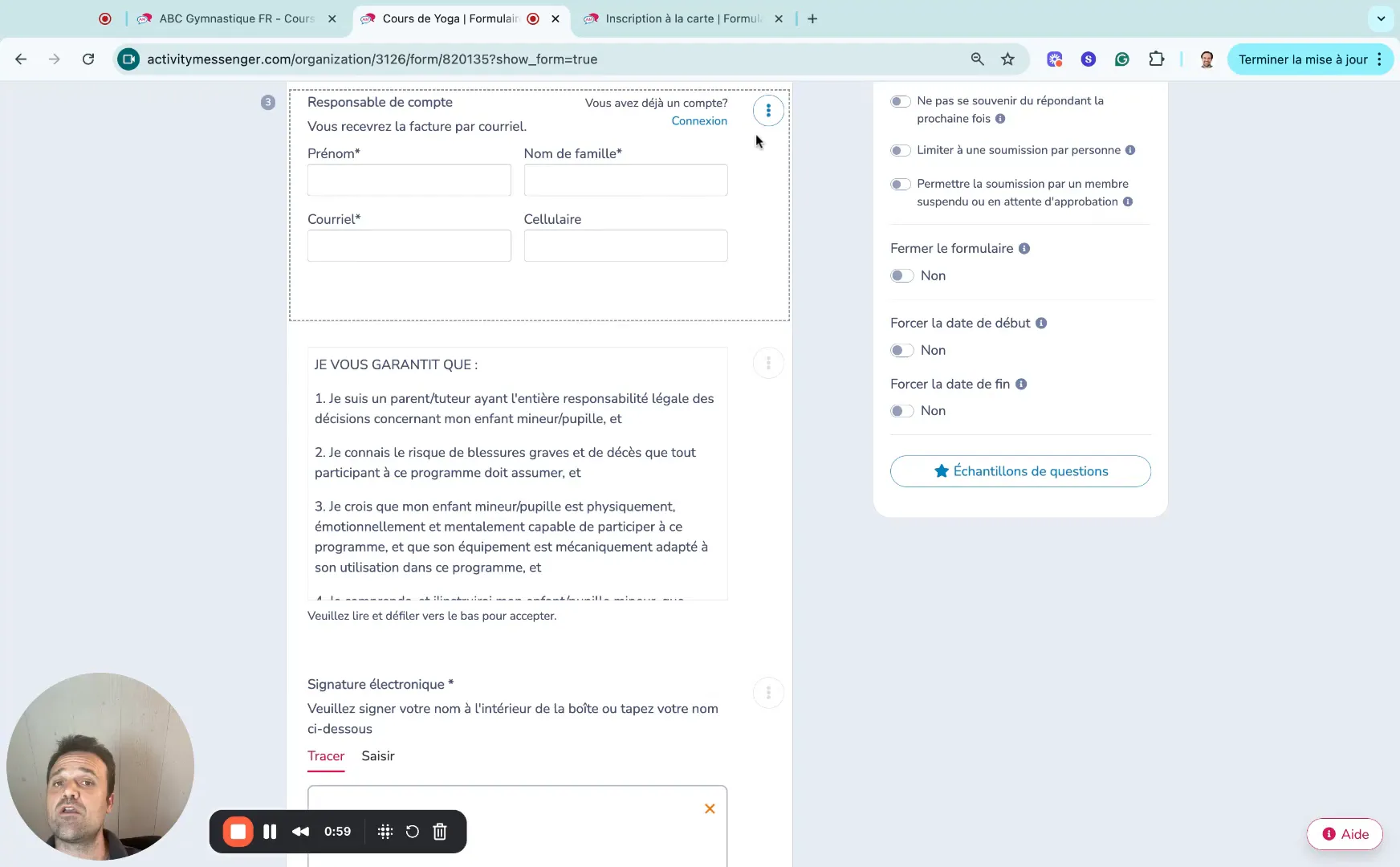 Formulaire d'inscription avec signature numérique et choix du carnet de cours