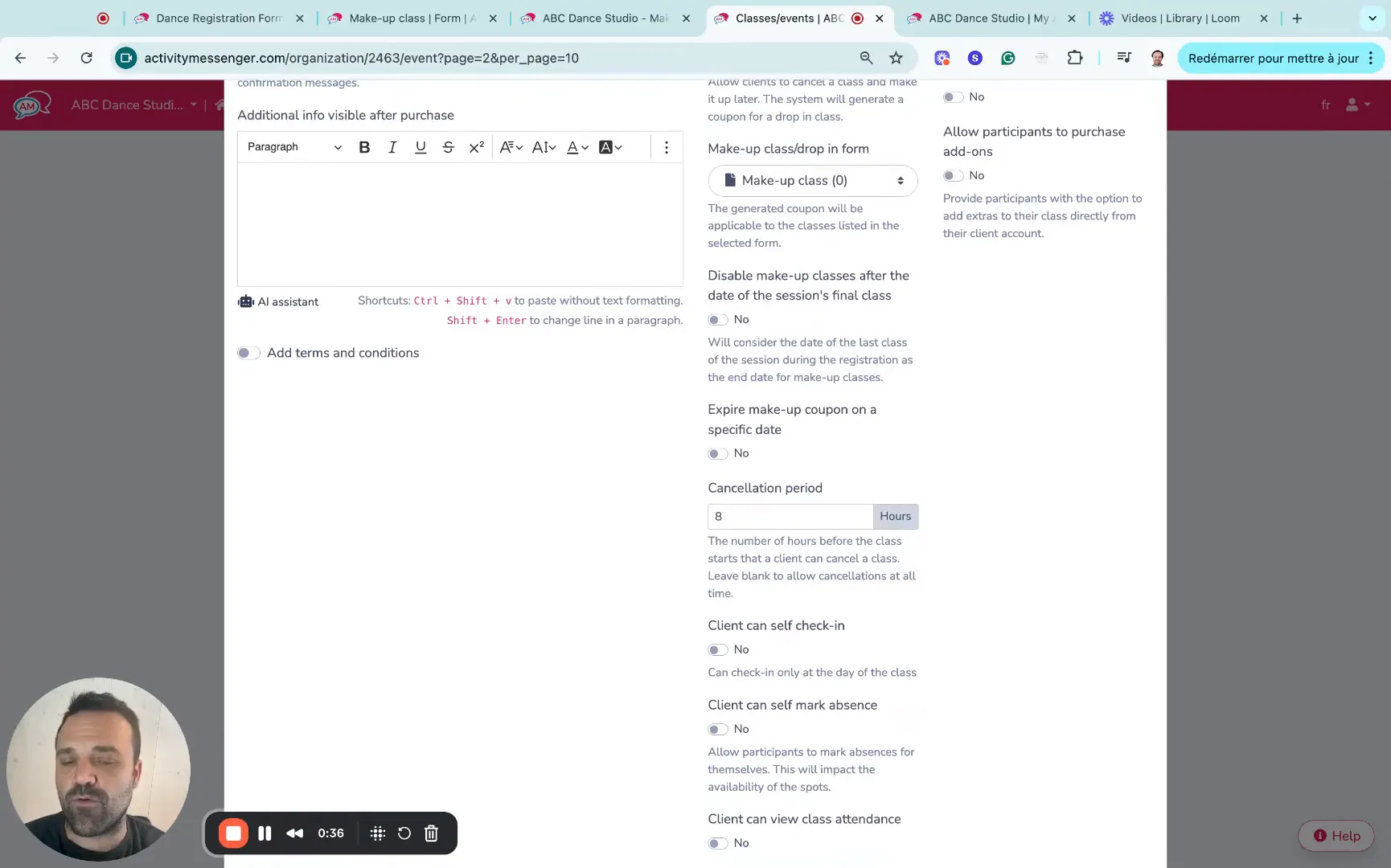 Setting cancellation period for make up classes