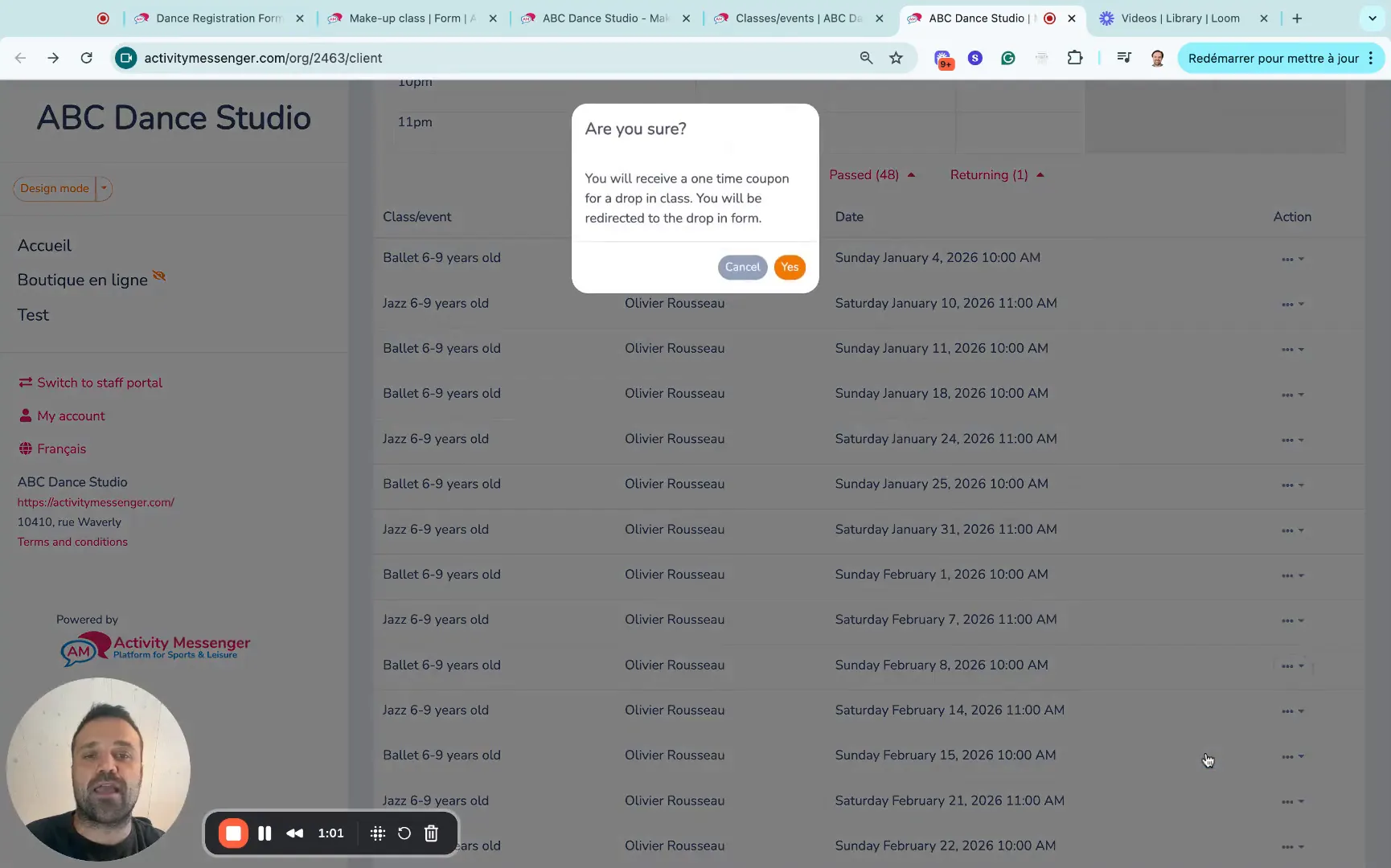 Client cancelling a class and receiving make up class coupon