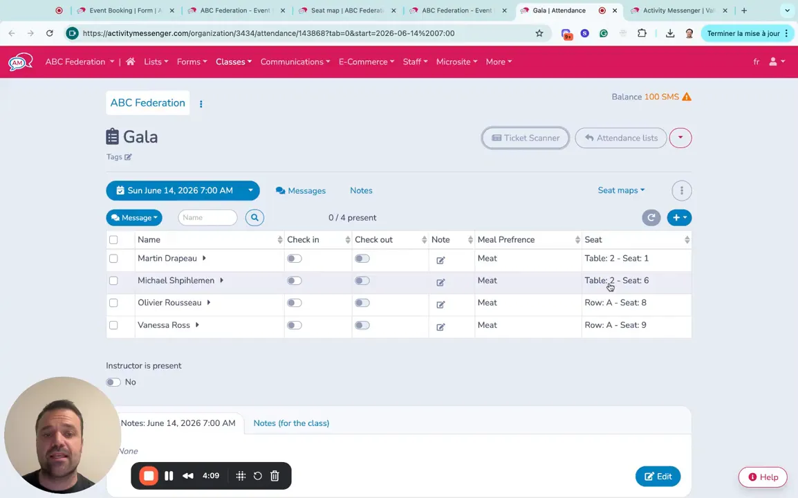 Attendance list showing attendees, seats, and meal preferences
