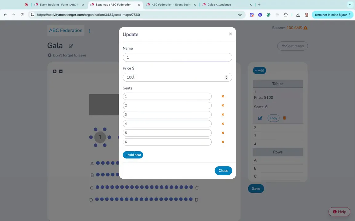 Adjusting a table: change seat count, price, and name