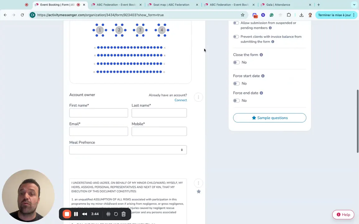 Visitor seat selection page showing available and unavailable seats