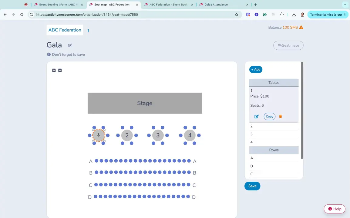 Seat map editing interface showing items like stage, tables, and rows
