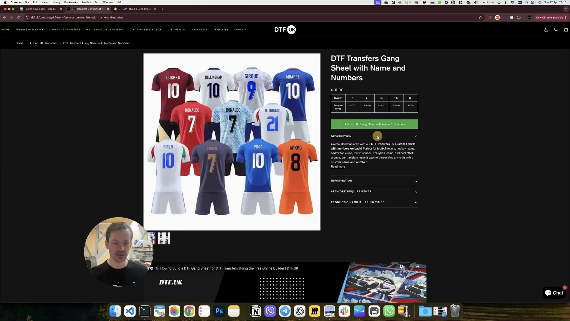 DTF.uk website showing the name and number gang sheet page