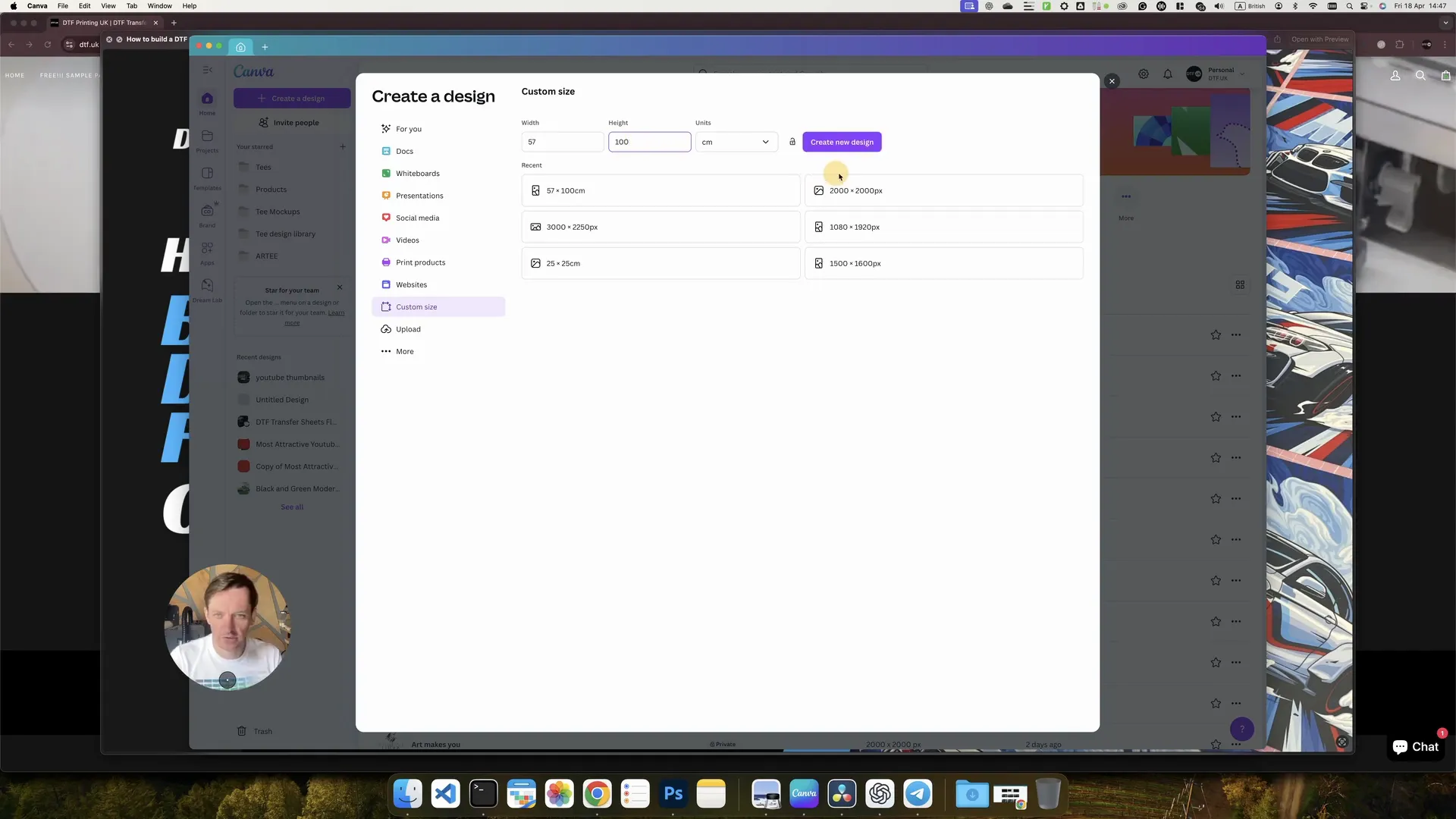 Setting custom artboard size to 57 by 100 cm in Canva