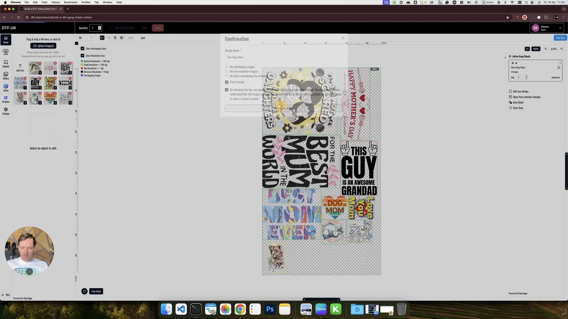Finalizing DTF gang sheet and adding to cart on DTF.UK