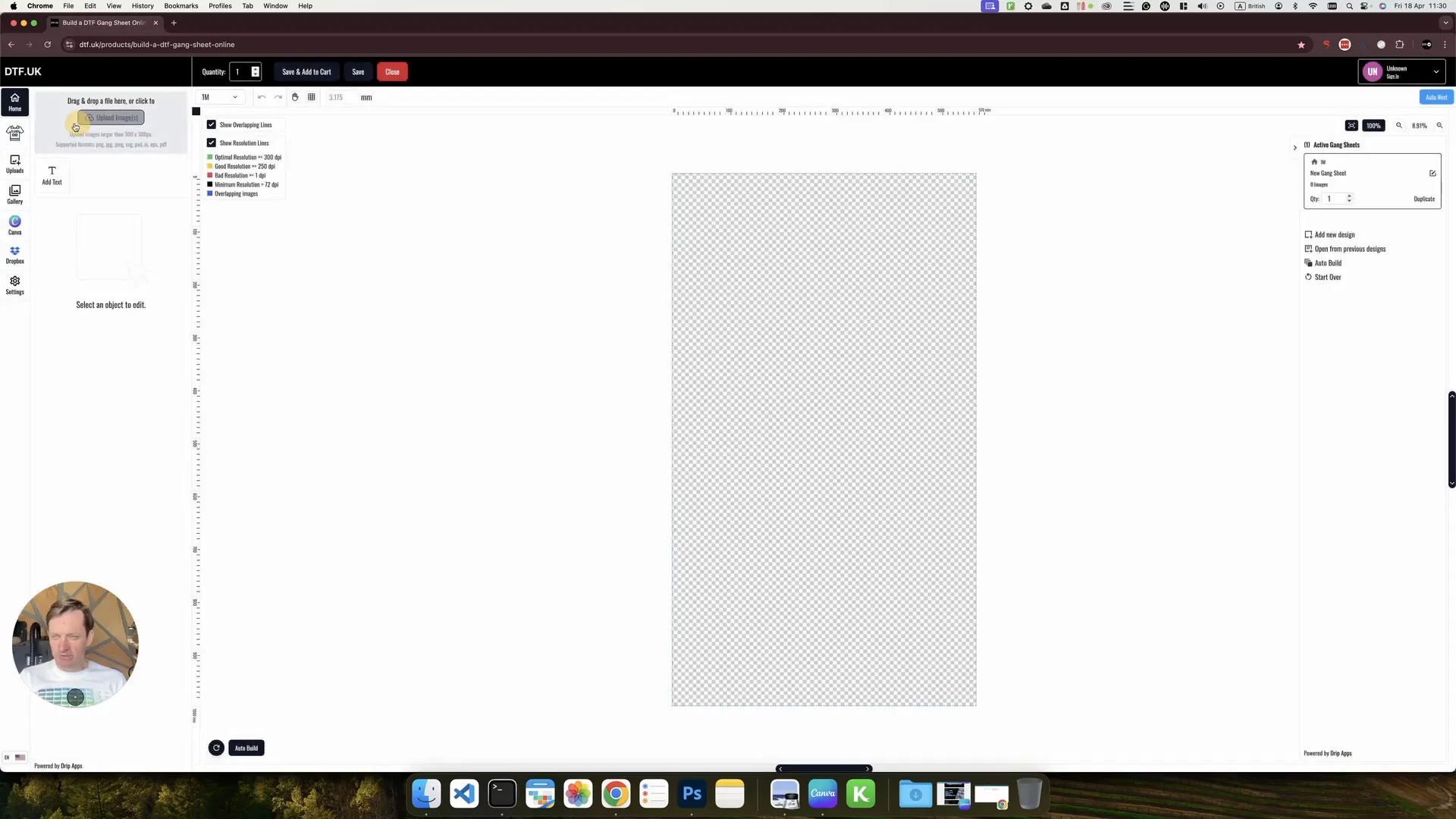 DTF gang sheet builder interface showing empty upload and layout sections