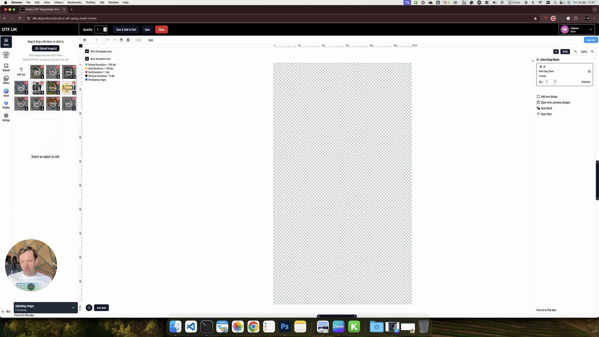Uploading artwork images into the DTF gang sheet builder