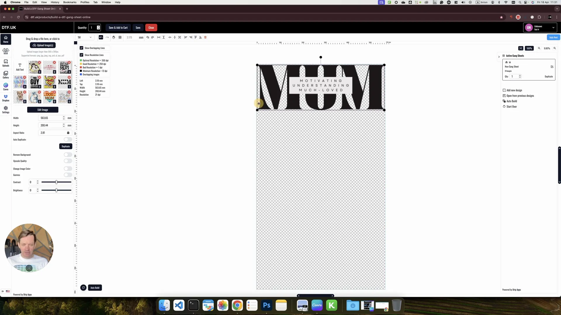 Editing toolbar with resizing and rotating options in the DTF gang sheet builder