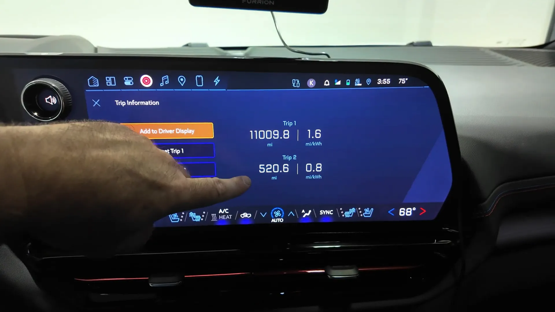 EV trip meter showing towing efficiency and mileage during a 500-mile snapshot