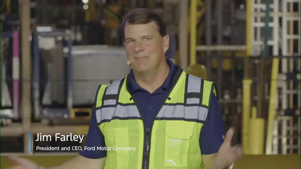 Jim Farley on stage in Louisville introducing the Ford EV announcement