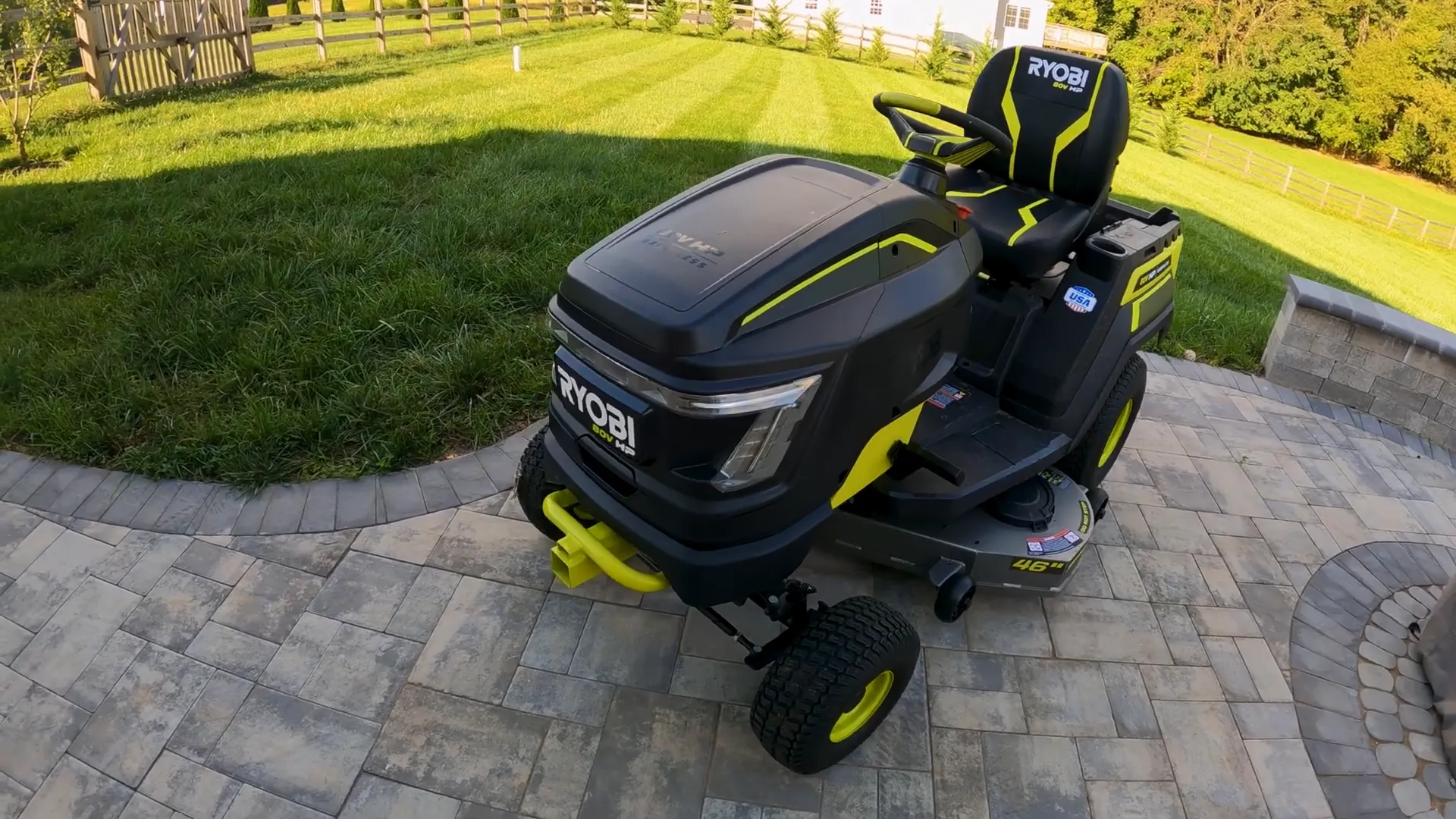 Ryobi 46 inch fully electric lawn tractor exterior view