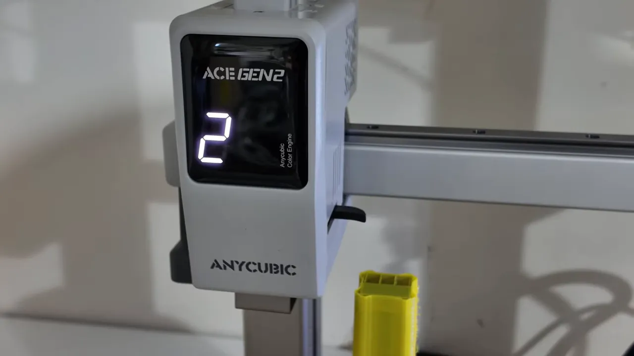 Close-up of the Anycubic ACE Gen 2 print head showing the illuminated number two display