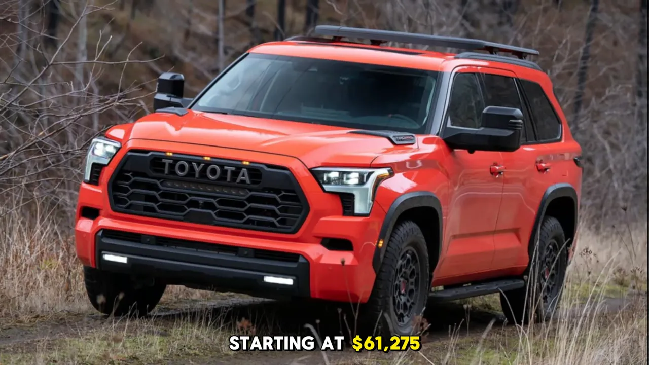 Orange 2025 Toyota Sequoia front three-quarter view off‑road with 'Starting at $61,275' price overlay